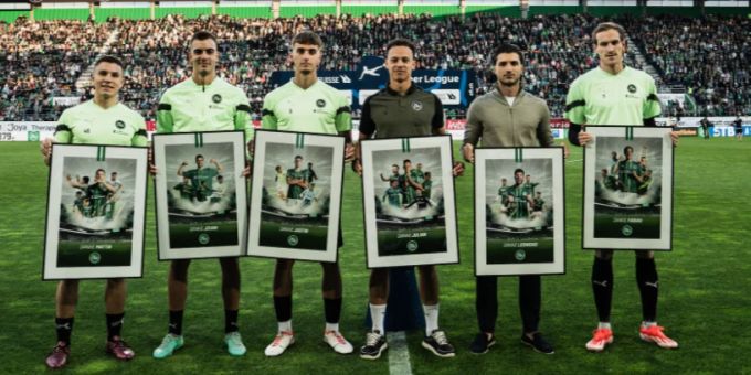 Sieben Spieler verlassen den FC St.Gallen (v. l. n. r.): Mattia Zanotti, Jovan Milosevic, Justin Janitzek, Julian von Moos, Leonidas Stergiou, Fabian Schubert und Albin Krasniqi (fehlt). FC St.Gallen