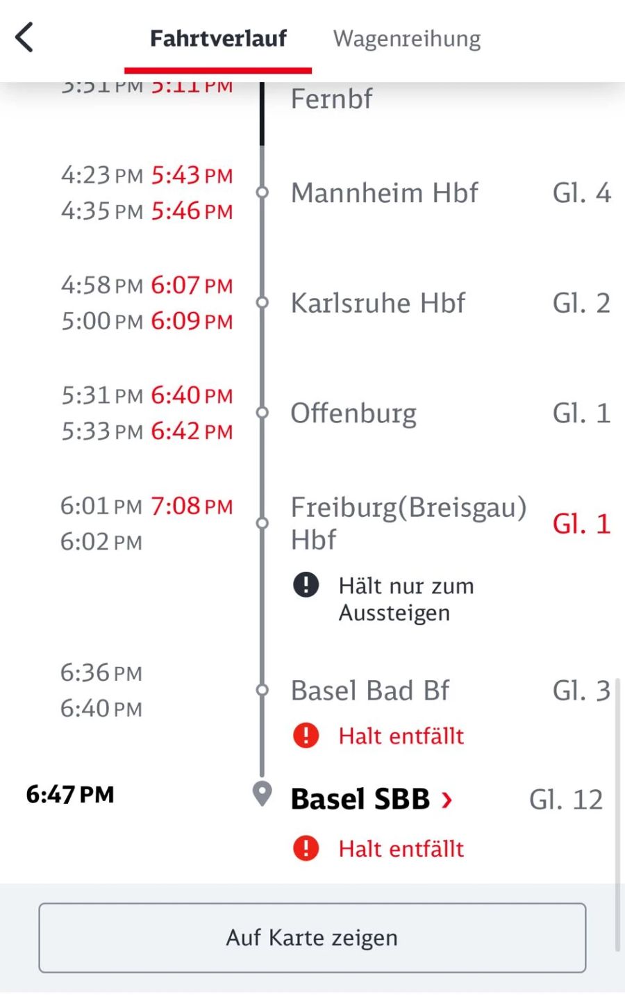 Der Zug kommt am Schluss nicht mehr bis Basel, weil er so verspätet ist.