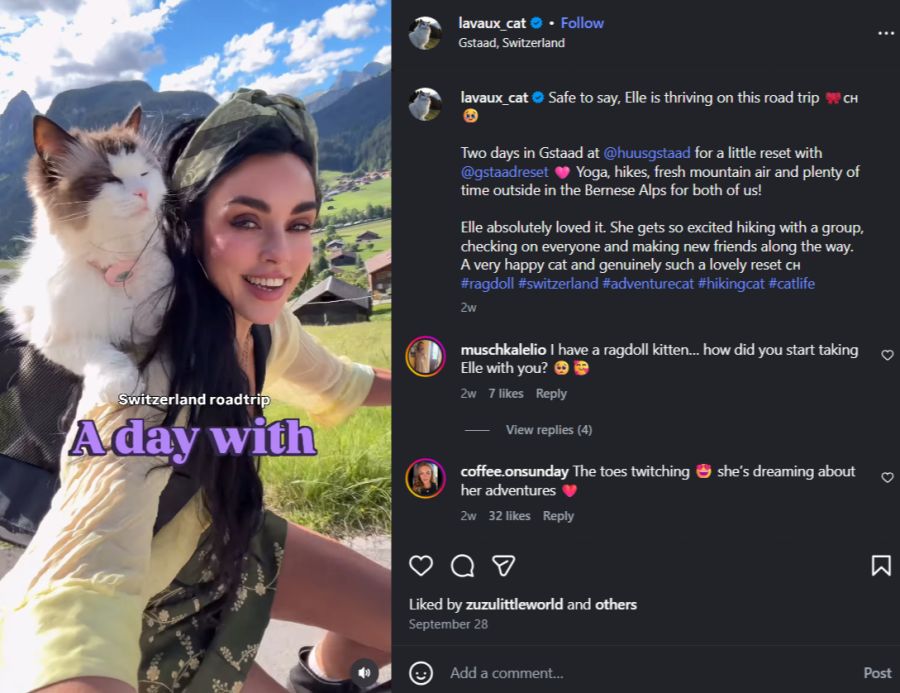 Amanda Bühler mit Katze Elle in Gstaad BE. Die beiden verbrachten laut Bühlers Instagram-Beitrag zwei Tage mit Yoga und Wanderungen in den Berner Alpen.
