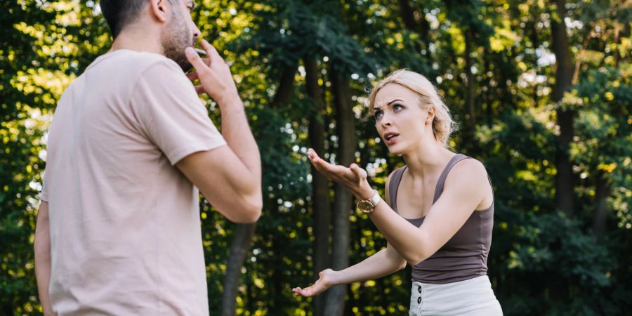 wald, paar streitet davor, mann raucht bei kinderwagen