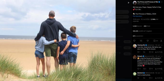 Das Vatertagsfoto 2024: Prinz William steht mit seinen Kindern in den Dünen. prinz william