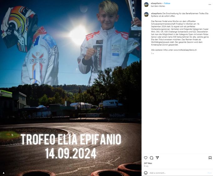 Die Kartbahn Wohlen lädt zum Benefizrennen in Erinnerung an Elia Epifanio. Elia Epifanio Kartbahn Wohlen