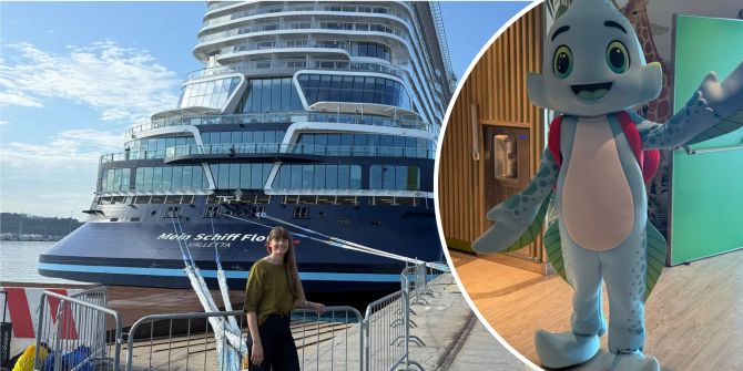 333 Meter lang, 19 Decks, 3984 Passagiere: Redaktorin Marilin Leuthard vor der nagelneuen Mein Schiff Flow im Hafen von Triest.