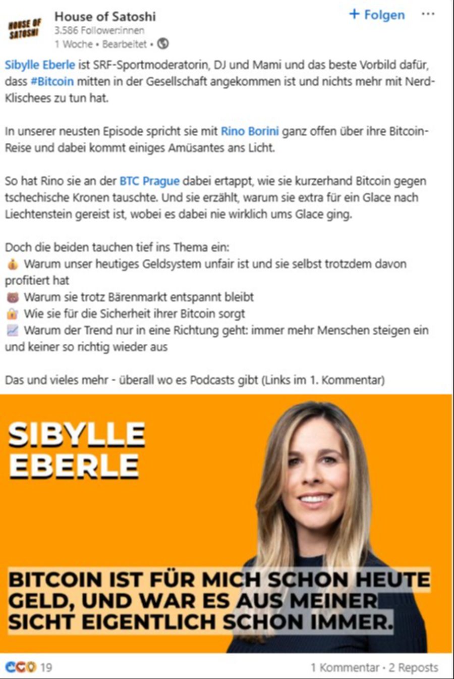 House of Satoshi wirbt prominent mit Sibylle Eberle und ihrem Satz: «Bitcoin ist für mich schon heute Geld.»