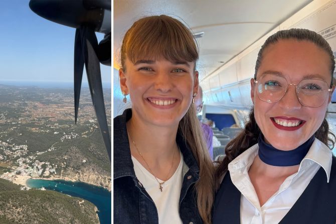 Travelnews-Redaktorin Marilin Leuthard (links) mit Flight Attendant Lisa Reitenbach auf dem Flug von St. Gallen-Altenrhein nach Ibiza. Bild: TN
