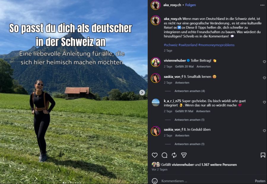 Mit ihrem neuesten Beitrag, einer «liebevollen Anleitung» zum Heimischwerden in der Schweiz, trifft sie bei ihren Followern einen Nerv – vor allem bei Schweizer Followern.