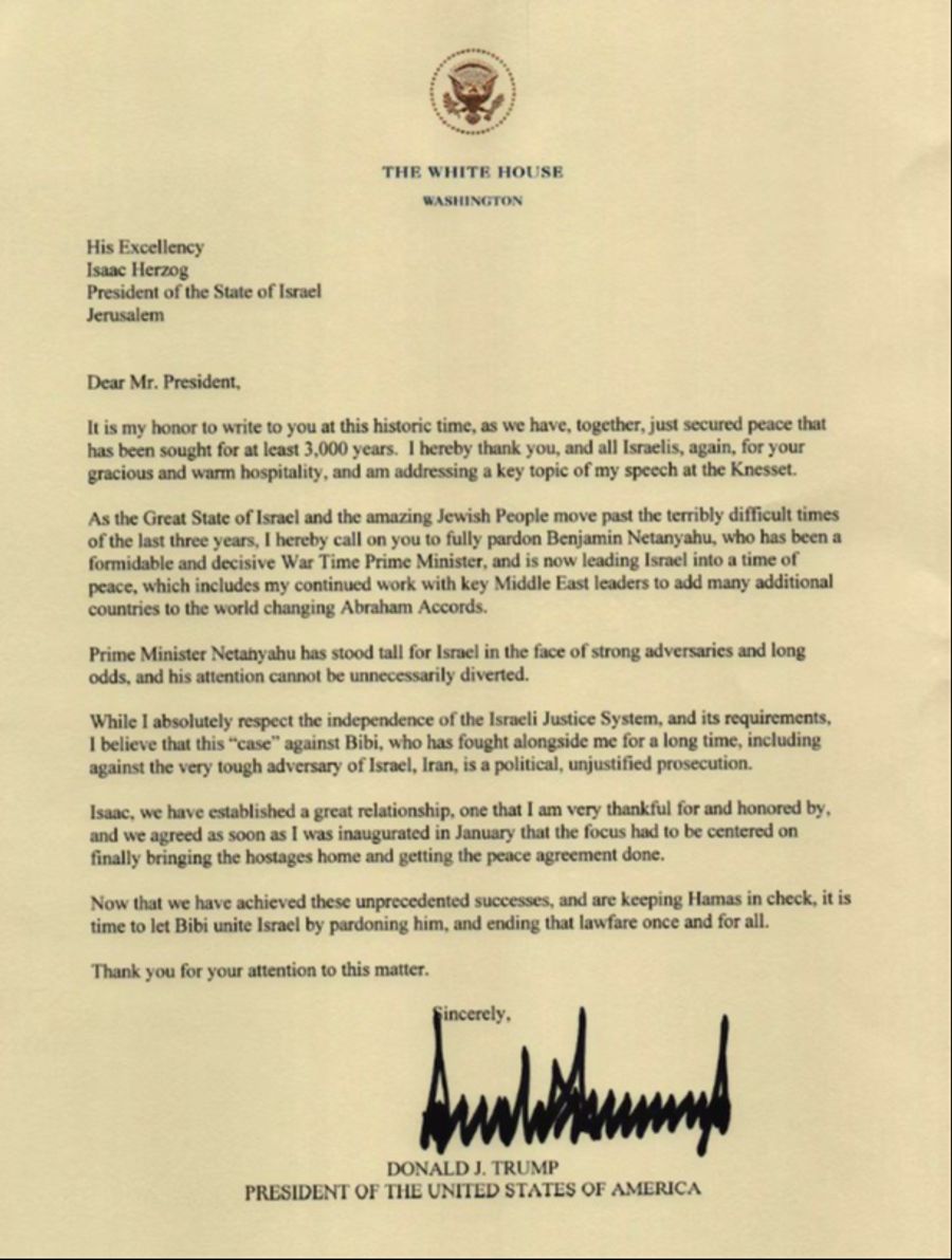 Brief Trump Begnadigung Netanyahu