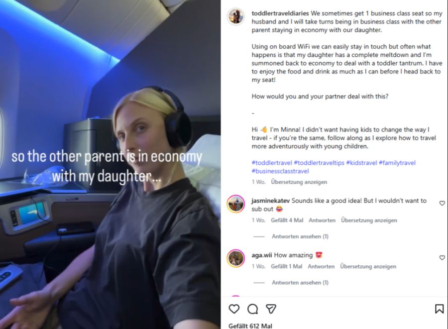 Ein Elternteil geniesst die Business-Class, während das andere in der Economy Töchterchen Malva betreut.