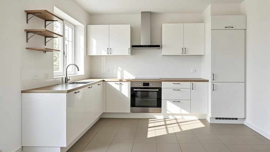 Helle Fronten und Plattenboden sind typisch für Küchen- ebenso wie der Herd mit Backofen und Dunstabzugshaube. Hinweis: Dieses Bild entstand durch newhome unter Verwendung von KI.