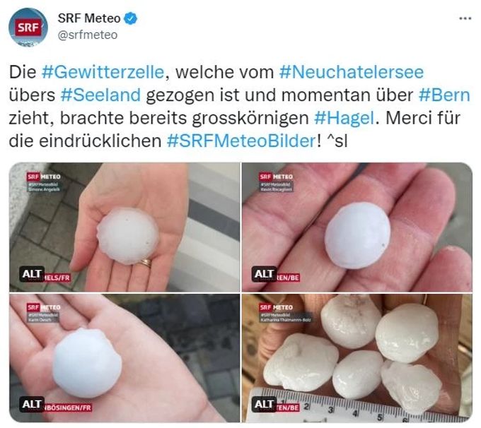 «SRF Meteo» zeigte am Sonntagabend Bilder von riesigen Hagelkörnern. Schuld hatten Gewitter. Gewitter