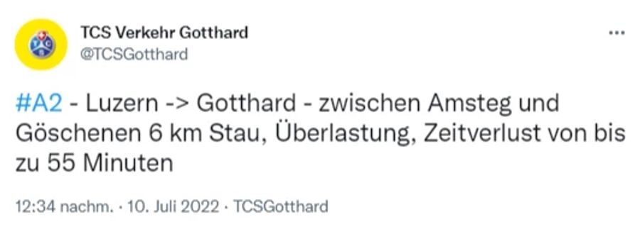 Auf Twitter informiert der TCS über die Lage am Gotthard.