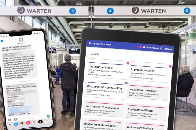 In Kantonen mit dem System «OneDoc» erhalten registrierte Impfwillige ungefragt einen Termin zugeteilt, sobald einer verfügbar ist (links). Rechts der Impfterminmonitor für die Kantone mit dem System «VacMe», Zürich und Bern, wo für die jeweiligen Impfzentren die Anzahl freier Termine ersichtlich ist. Impftermin OneDoc VacMe Coronavirus
