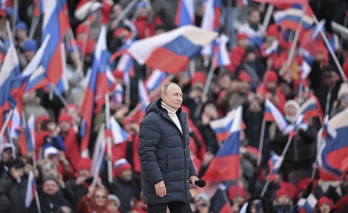 Wladimir Putin sprach am Freitag im gefüllten Luschniki-Stadion in Moskau. Ukraine Krieg
