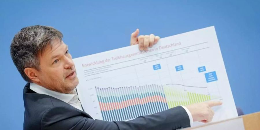 Robert Habeck stellt in der Bundespressekonferenz Sofortmassnahmen für die Klimaziele der Bundesregierung vor. Foto: Kay Nietfeld/dpa