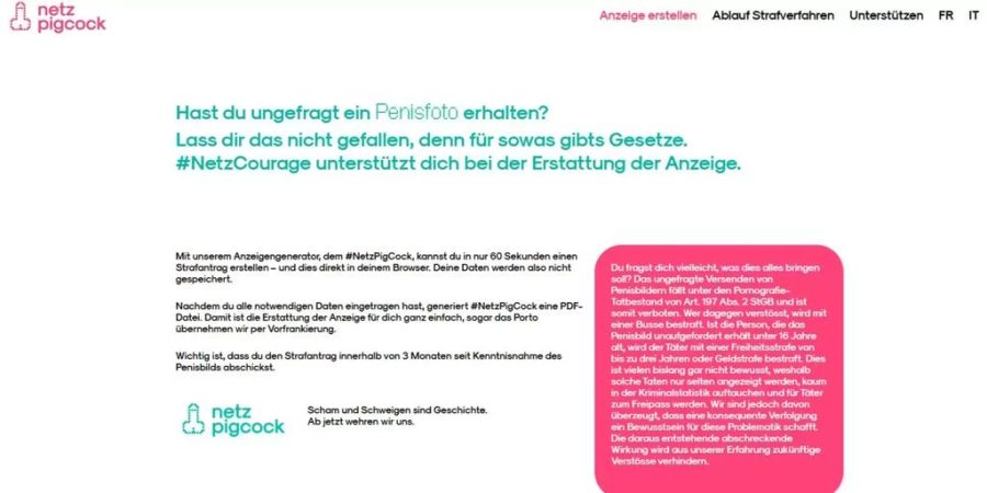 Wer ungefragt Penisbilder erhält, kann sich auf der Seite «netzpigcock.ch» Hilfe beim Ausfüllen eines Strafantrags suchen.