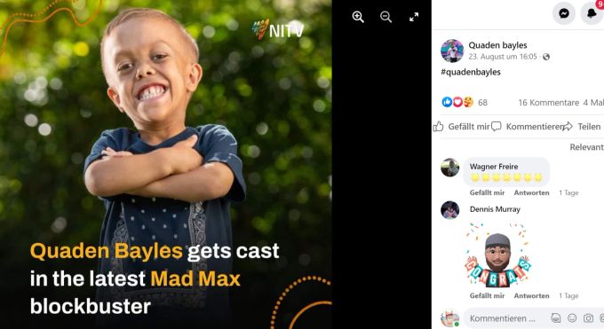 Quaden Bayles verkündet auf Facebook seine Rolle in der «Mad Max» - Filmreihe. «Mad Max»-Filmreihe
