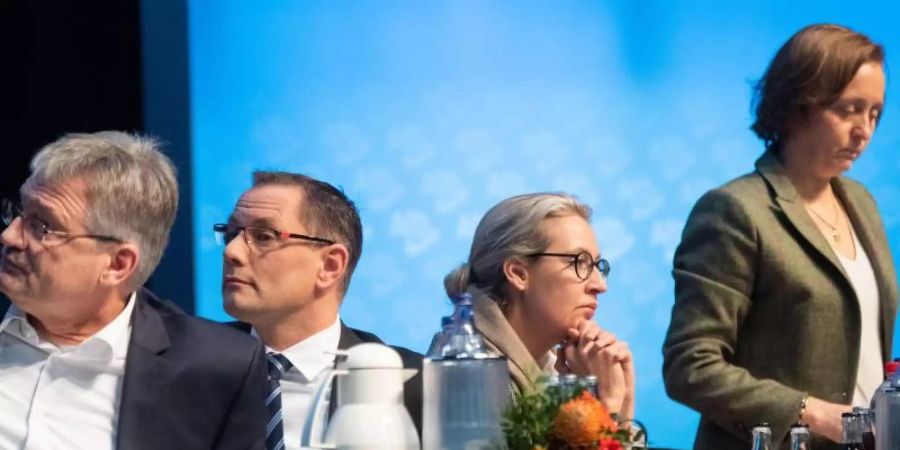 Die AfD-Bundessprecher Jörg Meuthen und Tino Chrupalla sowie Alice Weidel und Beatrix von Storch (v.l.) beim Parteitag. Foto: Julian Stratenschulte/dpa