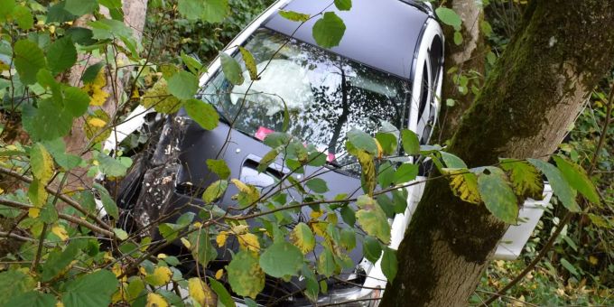 Das Fahrzeug kollidierte mit einem Zaun und einer Tafel. Kollision