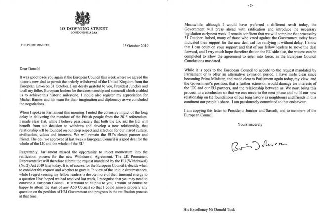 In diesem von 10 Downing Street herausgegebenen Brief wendet sich der britische Premierminister Boris Johnson an den Präsidenten des Europäischen Rates, Donald Tusk. Grossbritannien Brexit