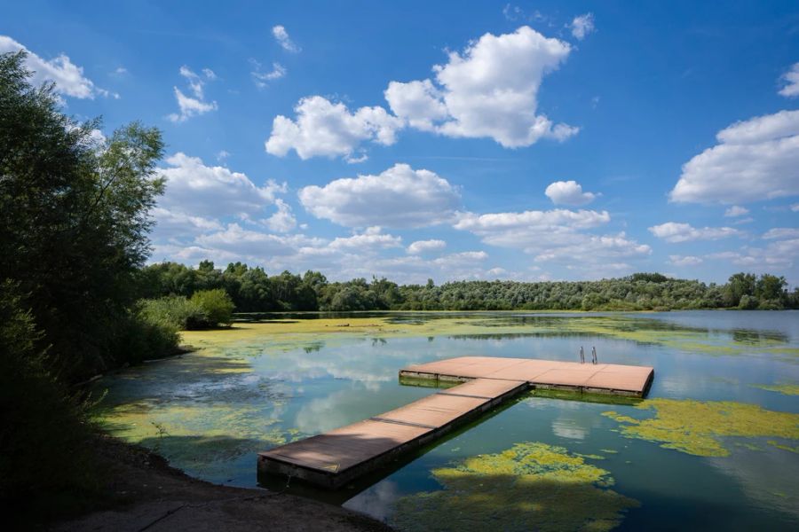 Blaualgen bedecken den Baggersee Breitengrüssbach (D).