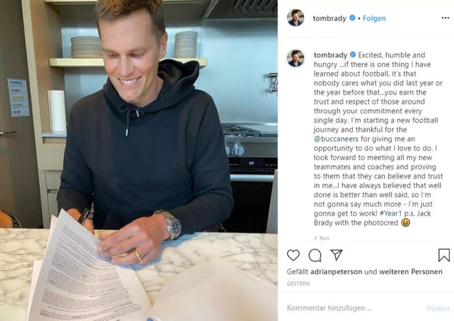 Auf Instagram verkündet Tom Brady seinen Wechsel. «Aufgeregt, demütig und hungrig», schreibt der 42-Jährige dazu.