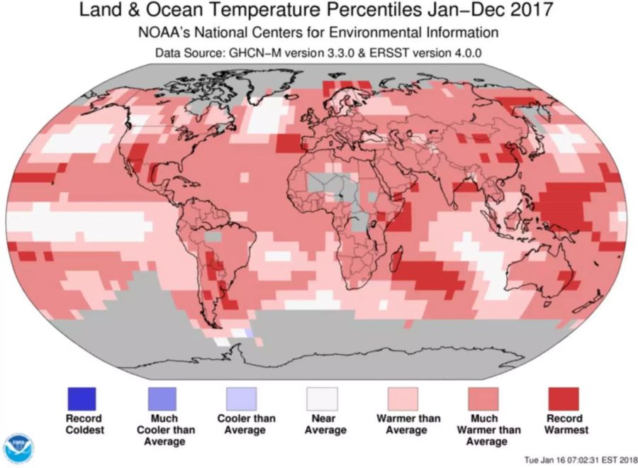 Wo die Temperaturen 2017 besonders stark anstiegen oder fielen, von dunkelblau (keine) bis dunkelrot.