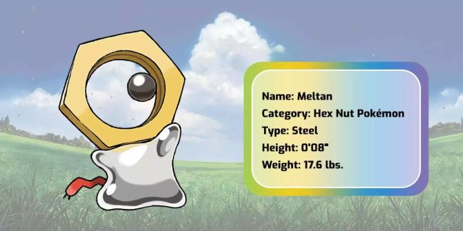 Meltan sowie seine Eigenschaften mit Name, Kategorie, Typ, Grösse und Gewicht sind aufgelistet vor einem grasigen Hintergrund.