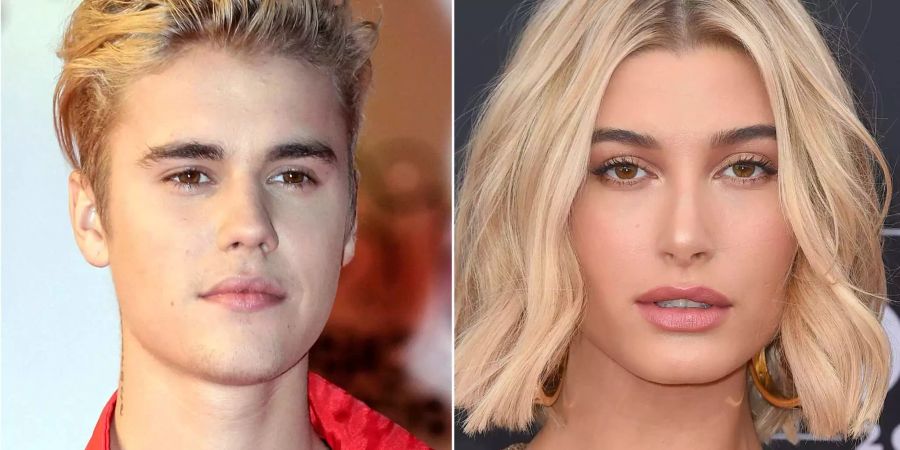 Die Bildkombo zeigt Justin Bieber am 07.11.2015 in Cannes und Hailey Baldwin am 20.05.2018 in Las Vegas.