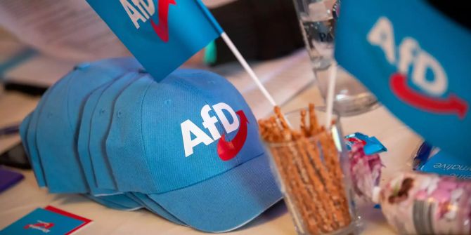 Fähnchen und Mützen mit dem Logo der AfD liegen beim Landesparteitag der AfD Bayern auf einem Tisch.
