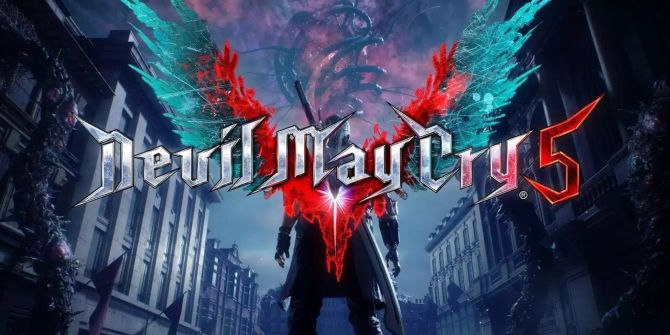 Dante steht in der Mitte des Bildes. Vor ihm ist der Schriftzug: «Devil May Cry 5».