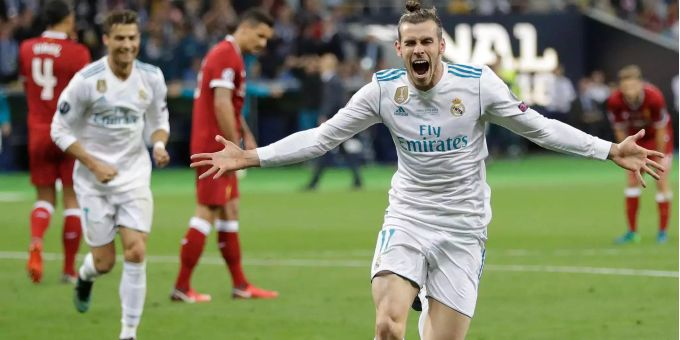 Real Madrids Gareth Bale feiert sein Fallrückziehertor. Gareth Bale Real Madrid