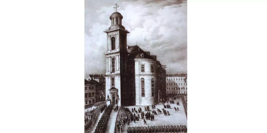 Eine undatierte historische Illustration zeigt den Einzug der Parlamentarier der ersten deutschen Nationalversammlung am 18. Mai 1848 in die Paulskirche von Frankfurt am Main