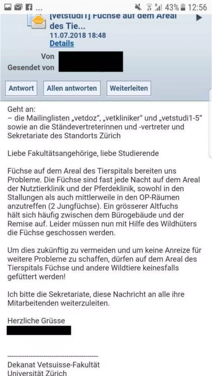 Die Studenten werden aufgefordert, das Fuchs-Füttern zu unterlassen.