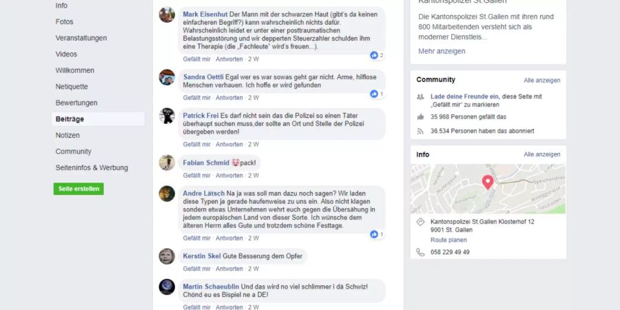 Kommentare auf der Facebook-Seite der Kantonspolizei St.Gallen.