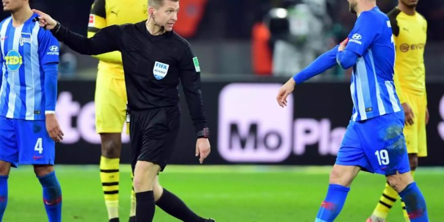 Schiedsrichter Tobias Welz (M) hat Vedad Ibisevic (r) einen Platzverweis erteilt. Foto: Soeren Stache