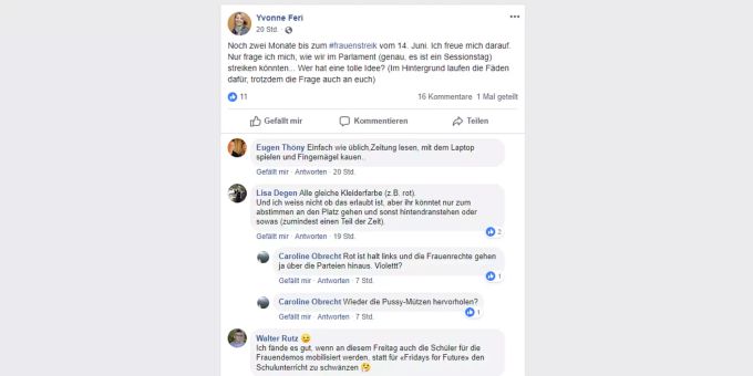 Screenshot des Facebook-Beitrags von SP-Nationalrätin Yvonne Feri. Wie soll der Frauenstreik begangen werden? feri
