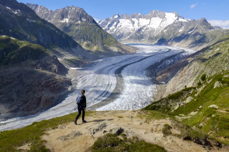 Mehr als ein Jahrzehnt später ist der Aletschgletscher noch zu sehen, aber er hat bereits reichlich an Eisvolumen eingebüsst.