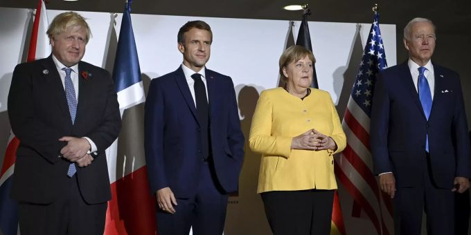 Von links der britische Premierminister Boris Johnson, der französische Präsident Emmanuel Macron, die deutsche Bundeskanzlerin Angela Merkel und US-Präsident Joe Biden beim G20-Gipfel in Rom. Italy G20 Summit