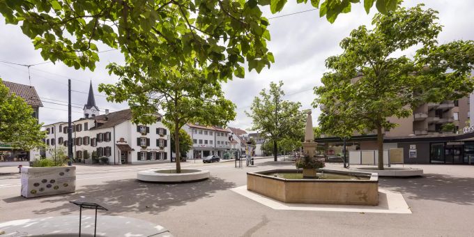 Dorfplatz und Dorfkern mit Brunnen in Reinach. Dorfplatz und Dorfkern mit Brunnen in Reinach.