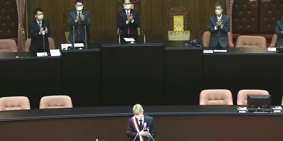 Milos Vystrcil, Senatspräsident von Tschechien, spricht vor dem Parlament. Bei seinem Besuch hat sich Vystrcil in einer Rede vor dem Parlament für Freiheit und Demokratie eingesetzt. Foto: Chiang Ying-Ying/AP/dpa