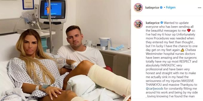 Katie Price liegt nach einer OP im Krankenhaus. Sie brach sich die Füsse im Urlaub. Katie Price