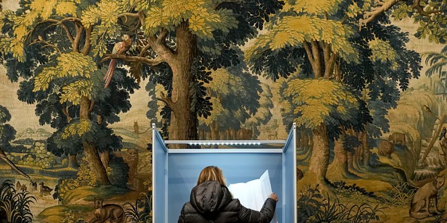 Eine Frau studiert ihren Stimmzettel für die Parlamentswahl in einer Wahlkabine im Rijksmuseum Twenthe. Rund 13,3 Millionen Wahlberechtigte sind aufgerufen ein neues Parlament zu wählen. Foto: Peter Dejong/AP/dpa