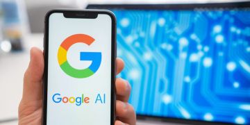 Smartphone Hand Bildschirm Google Logo AI