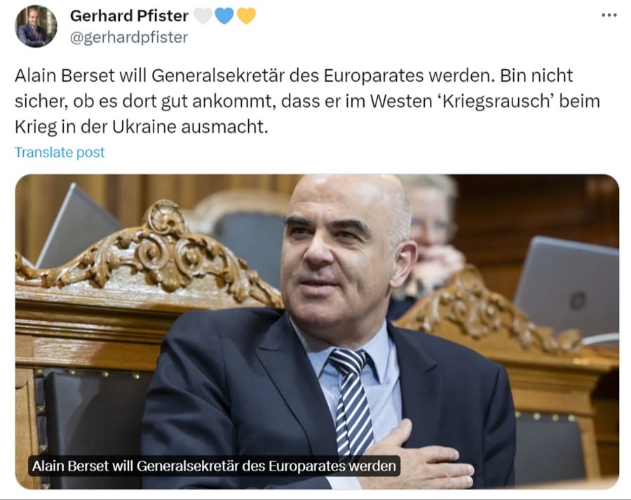 Mitte-Parteipräsident Gerhard Pfister ist sich nicht sicher, ob Alain Berset beim Europarat gut ankomme, da dieser den «Kriegsrausch» in Europa kritisiert hatte.