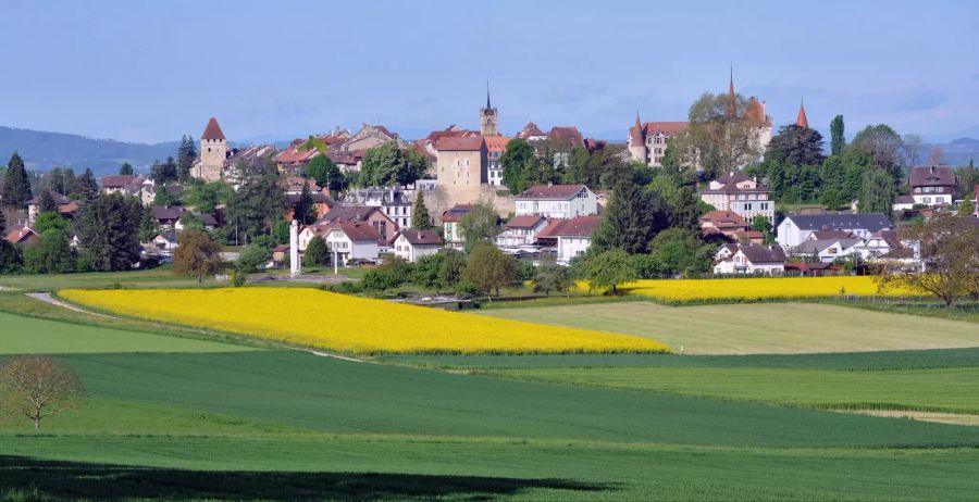 Gesamtansicht der Stadt mit Blick auf das Schloss und den Befestigungsturm des Amphitheaters; links im Bild: der Benneville-Turm, das grösste Bauwerk der Stadtmauern.