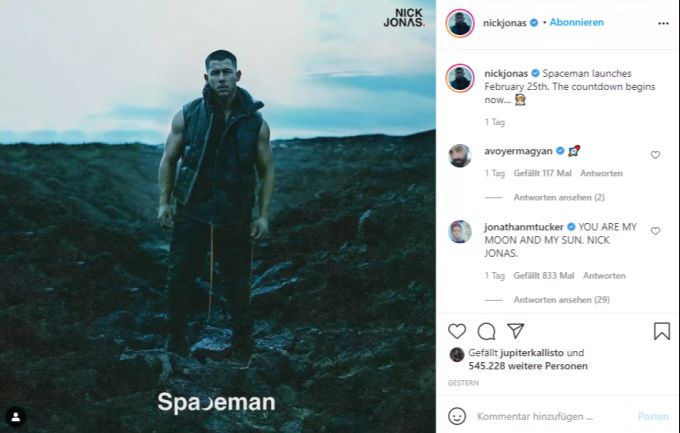 Nick Jonas kündigt auf Instagram seine neue Solosingle «Spaceman» an. nick jonas