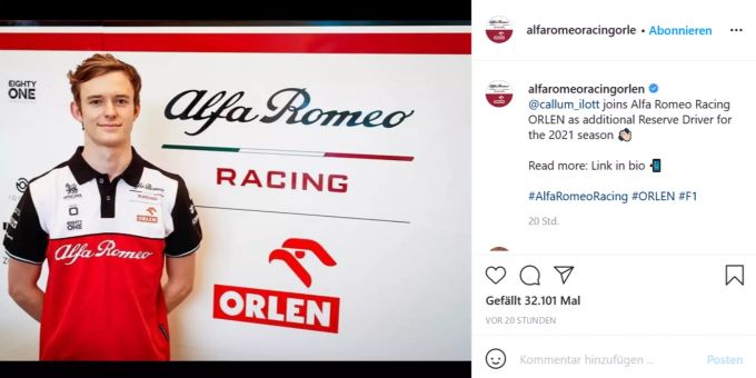 Callum Ilott wird bei Alfa Romeo Racing zweiter Reservefahrer. Callum Ilott