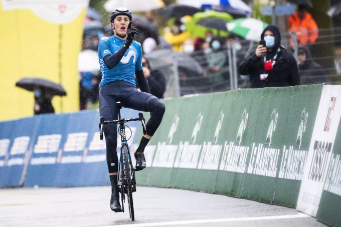Marc Soler (Team Movistar) feiert seinen Tagessieg bei der Tour de Romandie. Soler Tour de Romandie