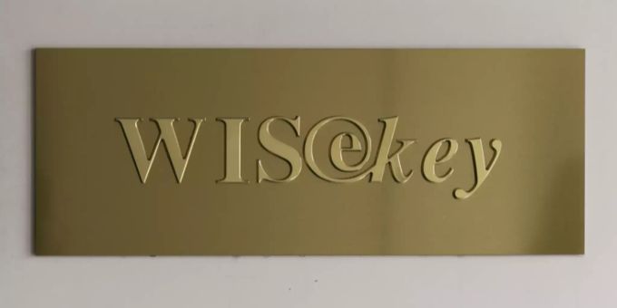 Das Logo von Wisekey in Genf. wisekey