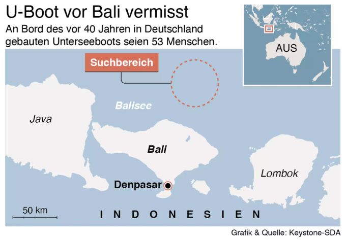 Der Suchbereich ist auf einer Karte gekennzeichnet. U-Boot